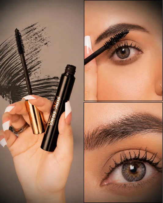 Collage showing the Swiss Miss Mascara tube and wand applicator alongside close-ups of long, volumized eyelashes.